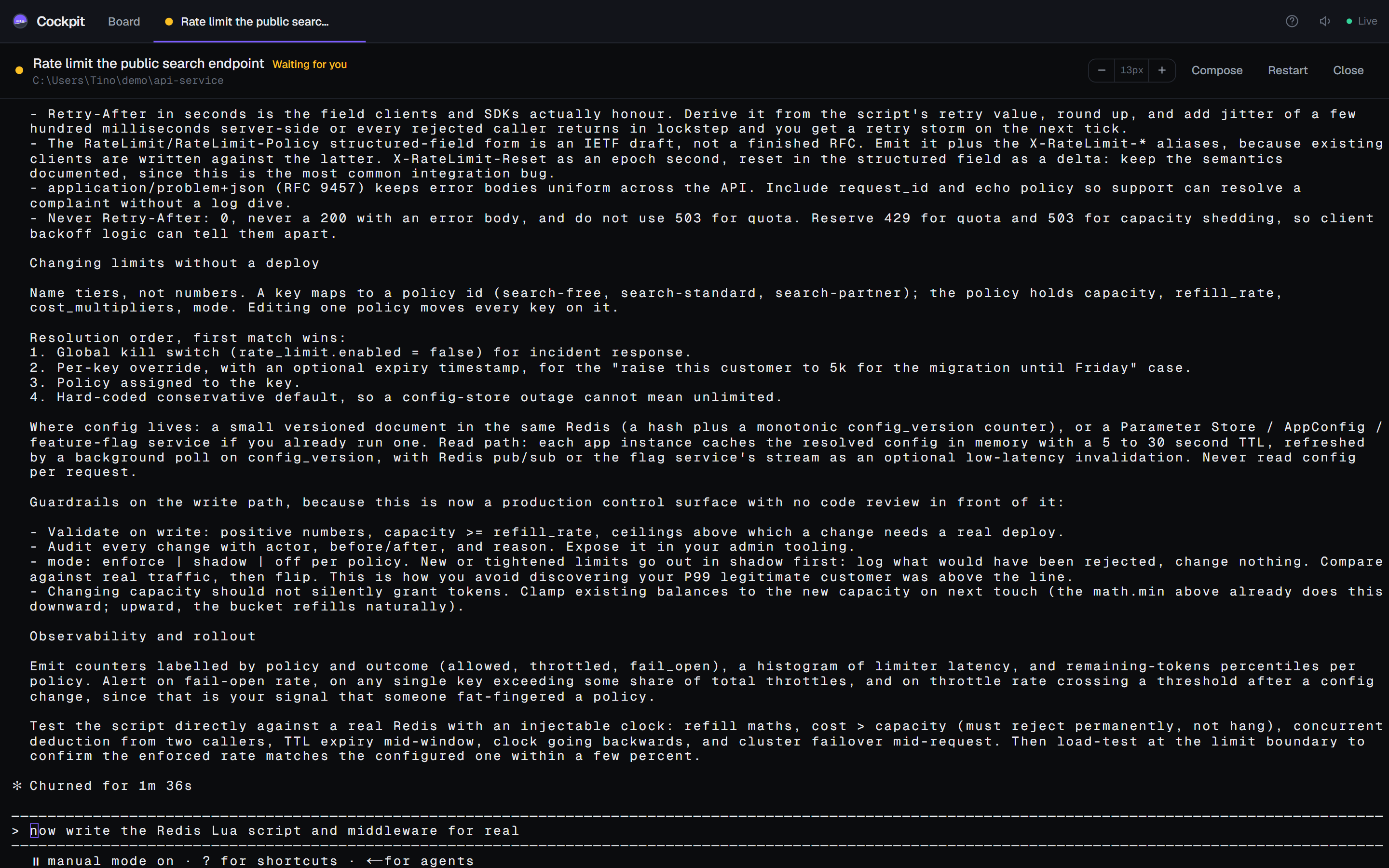 A Claude Code session running inside a Cockpit tab, mid-answer, with Compose, Restart and Close controls in the session header.